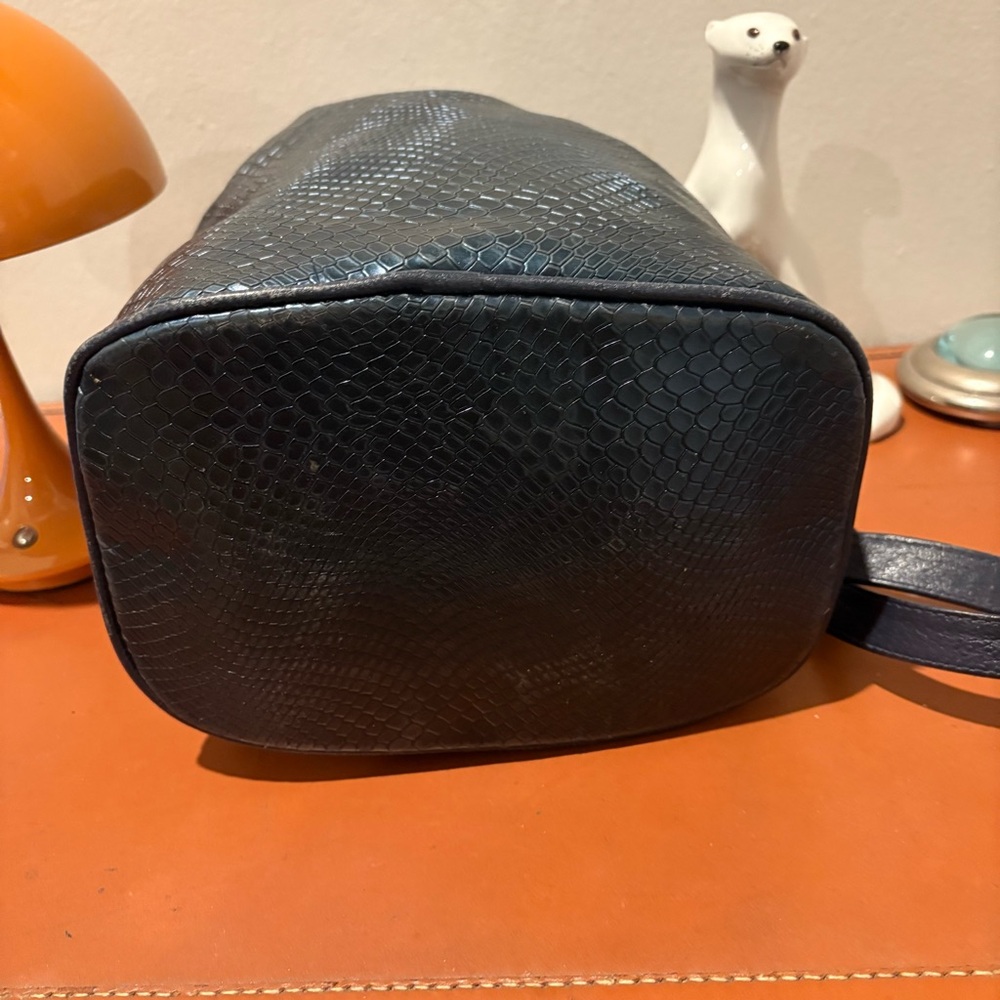 Retro Python Snake Croc Embossed Blue Metallic Bucket Bag Designer Style - Picture 7 of 9